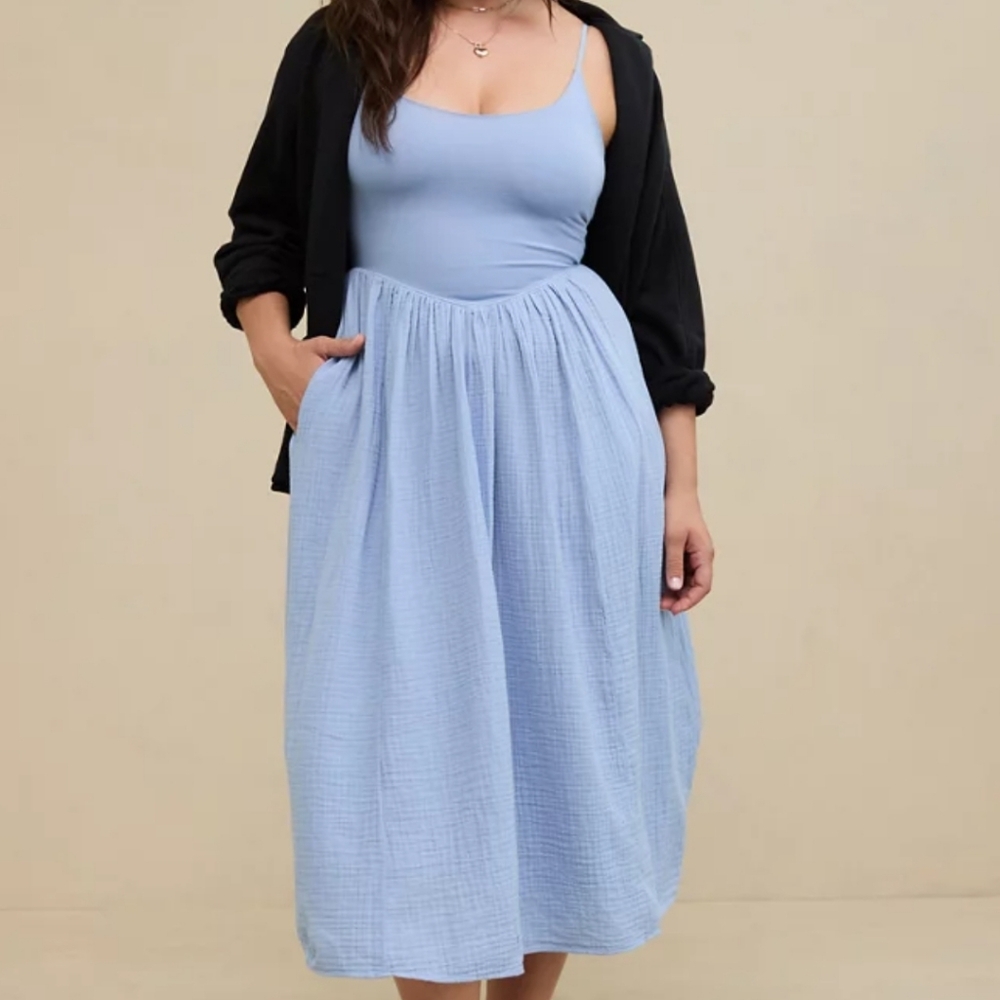 aerie Light Blue Midi Dress with Black Cardigan Styling